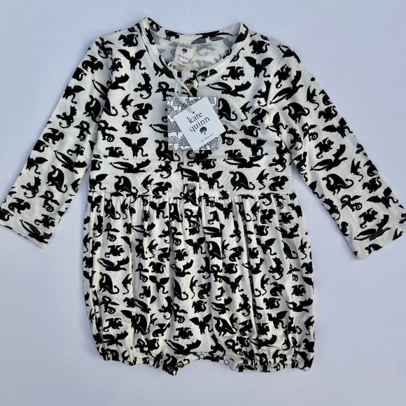 Kate Quinn Long Sleeve Romper – Black Dinosaur/Dragon Print, 18–24M | Bamboo - Picture 1 of 5